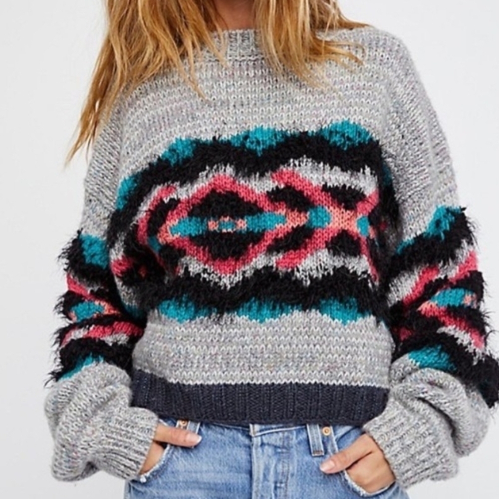 Free People I Heart You Aztec Patterned Wool Blend Sweater In Gray/Pink